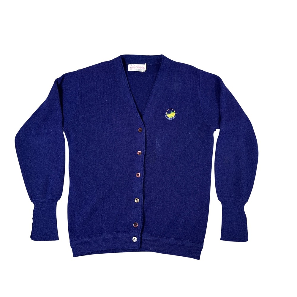 Vintage Lady Pickering Navy Blue Eastward Ho Golf Cardigan Sweater Large